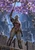 A white-haired, pointed-eared dark elf warrior holds a chain beneath a broad purple crystal parasol in a stone city.