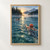 Three swimmers move away across a blue-green lake toward a misty sunrise opening between dark forested shores; the nearest wears a coral-red cap.; frame shown for styling only