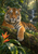 Alert adult tiger facing forward on a moss-covered fallen log, one forepaw draped over the edge, with rainforest leaves, an orange-red flower, and a waterfall.