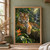 Alert adult tiger facing forward on a moss-covered fallen log, one forepaw draped over the edge, with rainforest leaves, an orange-red flower, and a waterfall.; frame shown for styling only