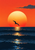 Black seabird silhouette crossing the lower edge of a large pale sun above a dark ocean with a narrow broken reflection.