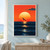 Black seabird silhouette crossing the lower edge of a large pale sun above a dark ocean with a narrow broken reflection.; frame shown for styling only