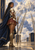 Armored woman with a spear stands on a stone platform before ladders leading through clouds to a pale castle.