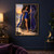 Curly-haired woman in a blue dress at a glowing portal in a dark rock archway above a sunset beach, with a purple reflected figure.; frame shown for styling only