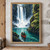 Two explorers in a red canoe beneath a towering waterfall, surrounded by dark cliffs, turquoise water, and bright ferns.; frame shown for styling only