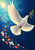 White dove carrying a leafy olive twig in flight, with coral and pale-yellow petals curving across a dark blue dawn sky.