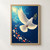 White dove carrying a leafy olive twig in flight, with coral and pale-yellow petals curving across a dark blue dawn sky.; frame shown for styling only
