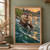 Front-facing river otter holding a silver fish in choppy teal water with orange sunset reflections and a riverbank behind it.; frame shown for styling only