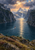 Small sailboat with a rust-red sail crossing a fjord between dark cliffs, with a distant waterfall and mountain beneath breaking storm clouds.