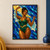 Woman in a green and gold outfit with raised arms and pale-edged translucent forms against vivid blue, turquoise and gold glass-like panels.; frame shown for styling only
