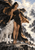 Woman in a black asymmetrical dress standing beside a white wolf before clouds, mountains, and a distant castle.