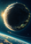 Small shuttle below a cratered celestial body with glowing habitat domes and a bright clouded horizon.
