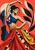 Woman dancer bending deeply with one arm arcing overhead, wearing a blue top, golden sash, and red-orange skirt beside large graphic leaves.