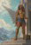 Armored woman with curly gray hair stands beside a monumental staircase rising through clouds toward distant architecture.