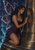 Winged woman in a dark purple dress touching a bronze-edged bell-shaped surface that reflects her face in a blue-lit setting.