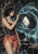 Woman in a purple bodice and coral wrap reaches toward a looping luminous turquoise serpent-like form in a cave.