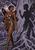 Bronze-clad winged woman beside a pale tree with a large shadow silhouette resembling a second winged figure, against a purple-orange sunset.