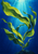 Branching green kelp rising from a rocky base, its broad blades curling through blue water with bubbles and descending light rays.