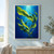 Branching green kelp rising from a rocky base, its broad blades curling through blue water with bubbles and descending light rays.; frame shown for styling only