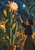 Woman misting a tall flowering cactus with a pale coral bloom inside a teal-lit greenhouse.