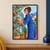 Woman in a cobalt-blue dress tending a flowering vine on a balcony, with terracotta pots and a coastal town and sea in the distance.; frame shown for styling only