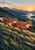 Two red foxes running across a golden grassy hillside at sunrise, with forested mountains and distant water.
