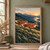Two red foxes running across a golden grassy hillside at sunrise, with forested mountains and distant water.; frame shown for styling only
