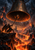 Shadowed winged figure pulling a chain beneath a cracked, glowing bronze bell over a lava-filled chasm.