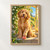 Curly golden-brown dog sitting on a stone garden step with one paw on a red-orange tennis ball, flowering vine and bright doorway behind.; frame shown for styling only