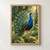 Male peacock with a broad, eye-spotted train standing on a mossy stone amid ferns and sunlit foliage.; frame shown for styling only