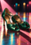 Pair of glossy emerald-green strapped dance heels on a reflective tiled floor under a diagonal pink spotlight and colorful lights.