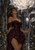 Dark-haired woman in a burgundy gown holding an oversized pale flower beneath a moonlit Gothic arch.