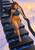 Red-haired woman in a teal top, mustard wrap skirt, and dark cape descending starry floating stairs beneath a pastel sky.