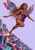Dark-skinned fantasy woman with long braids leaps beside iridescent angular wings and colorful stepped formations against a lavender background.