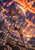 Armored curly-haired woman braces a round shield as fiery phoenix-like birds fill the sky above rocky ground and distant cliffs.