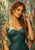 Red-haired fantasy woman in a teal-green bodice holds a curled strip beside her face, framed by leafy trees and colorful bark-like strips.