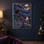 Woman in purple reaching toward a blue-gray dragon above rooftops, coastal water, and a large orange moon.; frame shown for styling only