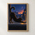 Black cat stretching across a windowsill in front of an indigo city window, with warm lights and a coral crescent moon.; frame shown for styling only