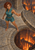 Red-haired woman in teal reaching toward a carved stone disc beside a circular shaft filled with orange fire.