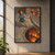 Red-haired woman in teal reaching toward a carved stone disc beside a circular shaft filled with orange fire.; frame shown for styling only