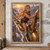 Blonde woman in an orange scarf climbs oversized chain links against a sunset canyon.; frame shown for styling only