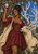 Dark-skinned woman in a burgundy dress beside a pale deer under branching crystal-like forms in a blue landscape.