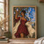 Dark-skinned woman in a burgundy dress beside a pale deer under branching crystal-like forms in a blue landscape.; frame shown for styling only