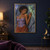 Curly-haired woman in a lilac corset and rust wrap raising a hand near a glowing green-blue gecko on a dark rock face.; frame shown for styling only