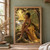 Dark-skinned woman with moth wings rests on a tree root in a sunlit orchard framed by blossoms and fruit.; frame shown for styling only