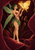 Green-haired anime fairy with leaf-like wings reaches for a glowing golden moth in a red flower-like enclosure.