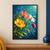 Painterly cluster of yellow, coral, white, blue, and magenta flowers with curving stems and scattered petals on a turquoise background.; frame shown for styling only