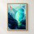 Luminous turquoise oval hovering above a midnight-blue plane, with a lime reflection, translucent angular bands, and coral accent.; frame shown for styling only