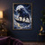 Star-speckled dark bull with curved horns standing on a crescent-shaped cloud ridge beneath a full moon and starry indigo sky.; frame shown for styling only