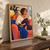 Curly-haired woman holding an open book in a coral armchair, with a blue throw, leafy plant, amber lamp, and bright window.; frame shown for styling only